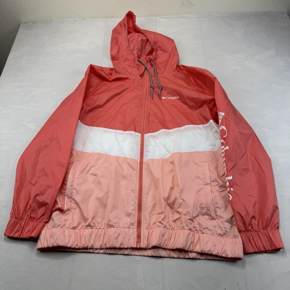 Columbia Women's L Coral/Peach Colorblock Hooded Windbreaker Jacket